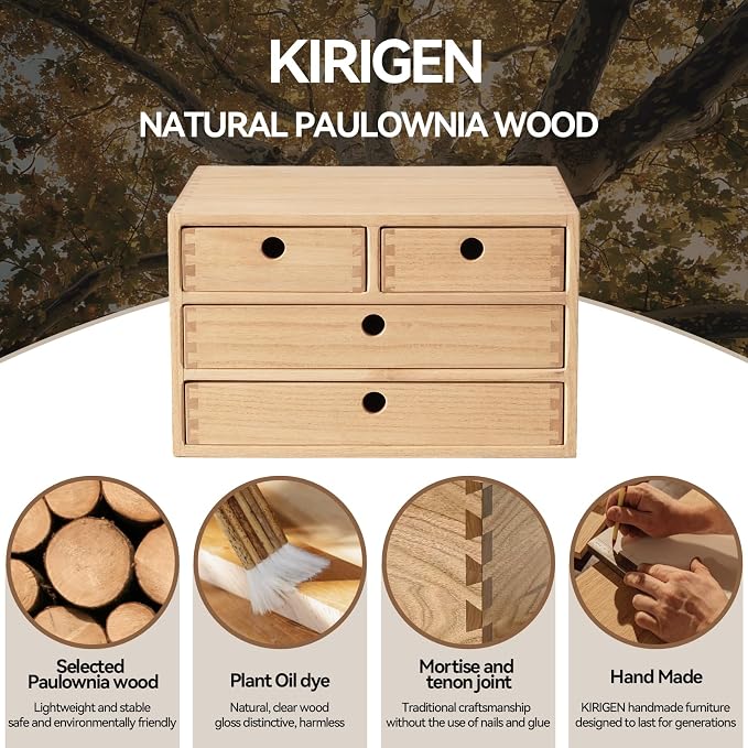 KIRIGEN Wood Desktop Storage Cabinet with 4 Drawers, 3-Tier Desk Organizer for Letter-Size Paper, Mail, Home Office Supplies, Makeup, Crafts, Desk or Countertop, Fully Assembled WJG34-NA