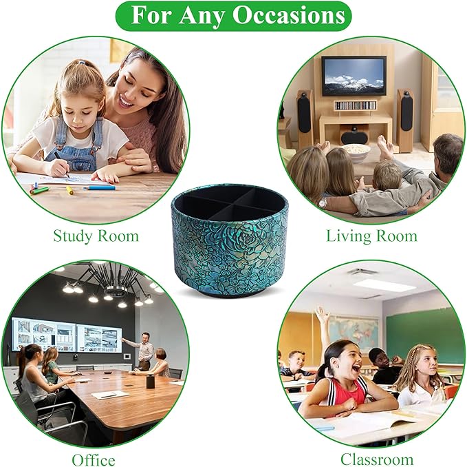 Round Leather Art Supply Organizer,Remote Control Holder,360 Degree Spinning,Multi-Functional Pencil Holder,4 Compartments Desktop Stationary Organizer(1-Rich Flower Green)
