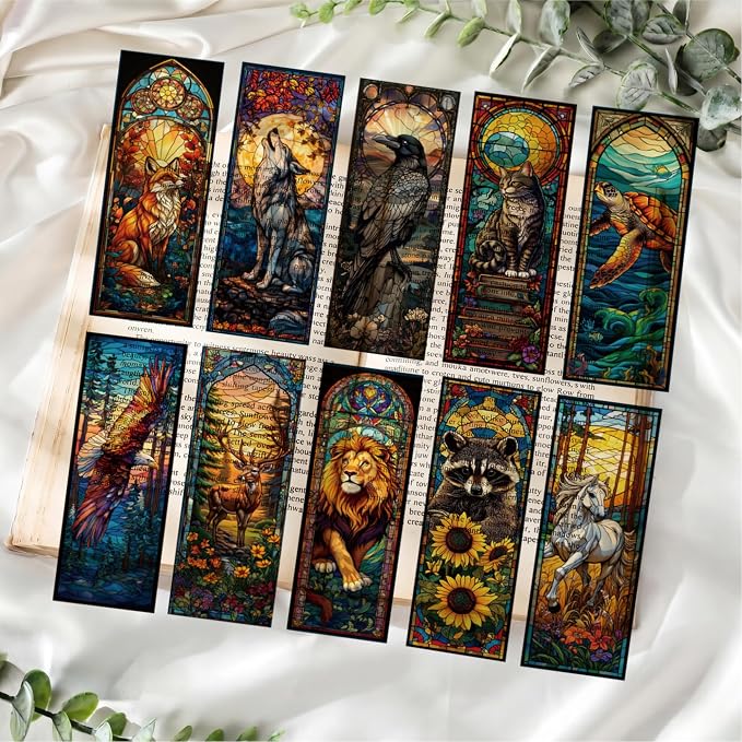 Cute Animals Bookmark Gifts - 10 Pcs Fantasy Cool Cats Stained Glass Art Bookmarks for Women Book Lovers Students Pretty Page Marks School Reading Accessories Bookish Birthday Graduation Gift