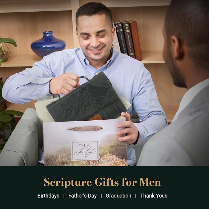 Christian Art Gifts Premium Classic Vegan Leather Bible Cover for Men & Women: Strong and Courageous Inspirational Bible Verse, Protective Book Carry Case, Gray, Large