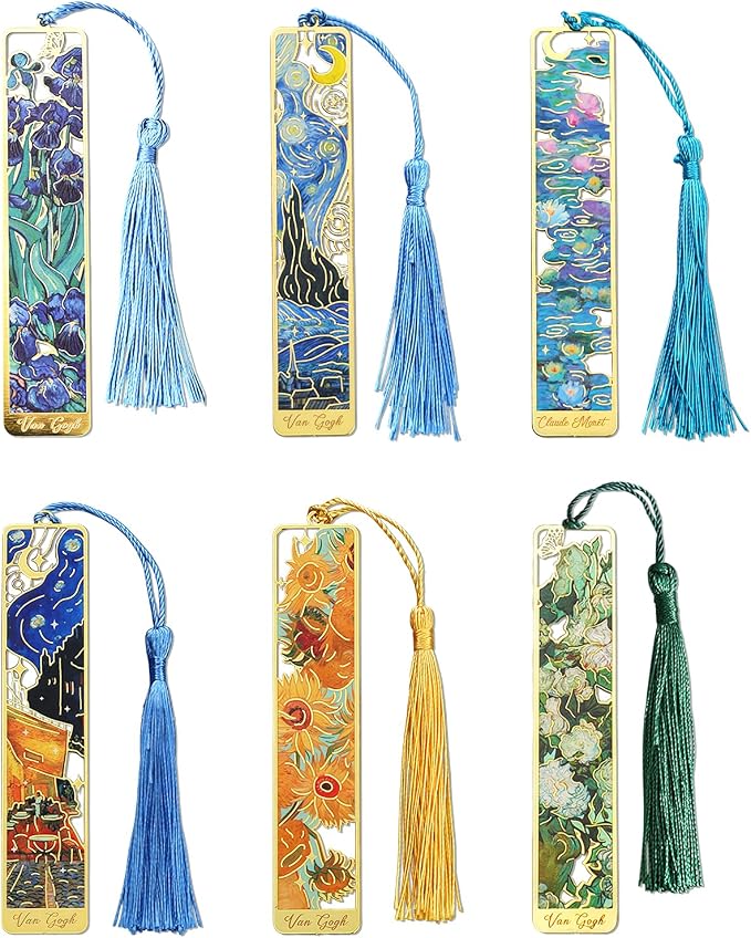 6-Pack Metal Bookmarks with Tassels, Golden Hollow-Out Oil Painting Theme Bookmarks | Book Markers for Reading, Gifts for Book Lovers, Writers, Readers, Adults, Teens & Women