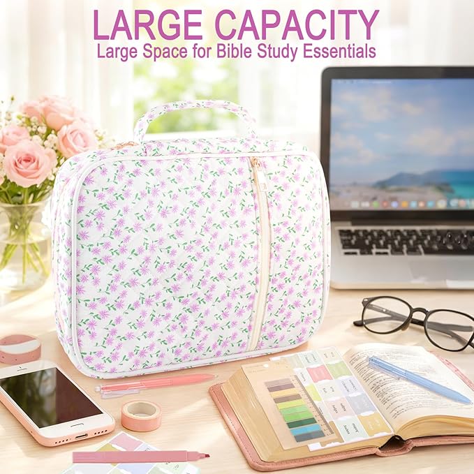 Zkptops Bible Cover Case for Women Large Bible Bag Cotton Quilted Bible Carrying Case with Zipper Pocket and Handle Carrying Book Cover for Christian Study Supplies Christian Gift(Purple Flower)