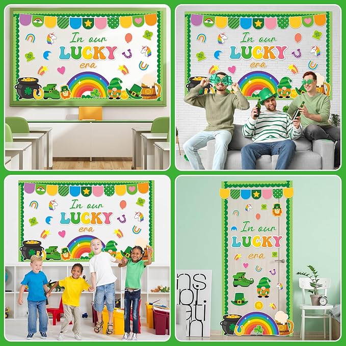 St. Patrick's Day Bulletin Board Decoration Lucky Shamrock Clover Gold Coin Rainbow Irish Clover Unicorn Cutouts March Classroom Bulletin Board Set for School Chalkboard Wall Door Decoration Favor