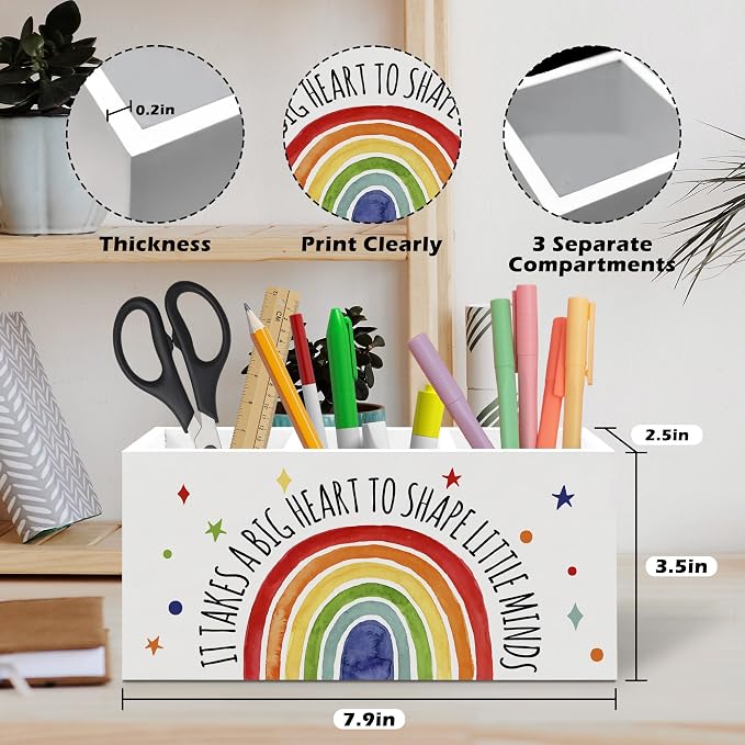 Boho Rainbow Teacher Pen Holder, Teacher Appreciation Gifts Office Pen Pencil Holder Organizer for Desk Accessories, Boho Rainbow Wooden Box Desk Decor for Office Classroom Desk Decorations