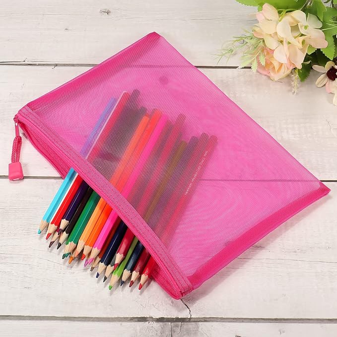 MECCANIXITY Mesh Zipper Bags, A5 Nylon Zip Pouch Pencil Case Storage Pockets for Travel Office Accessories, Rose Red Pack of 6