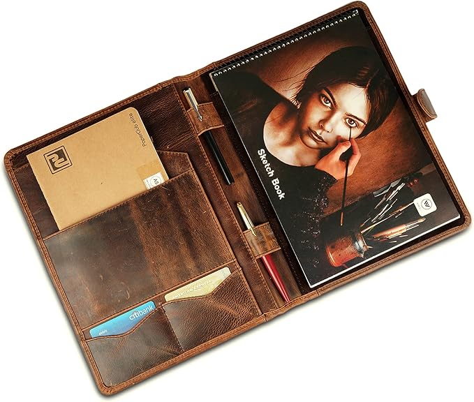 Leather Padfolio Legal Pad Portfolio Organizer | Handmade Executive Notebook Binder | Heavy Duty Full Grain Cow Hide Resume Interview Folio for Men Women, Rustic NoteBook Folder (brown)