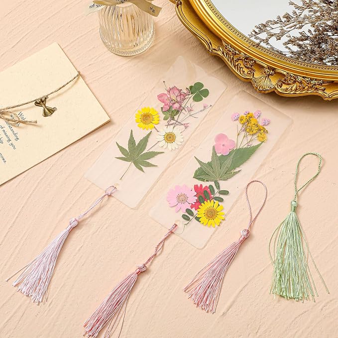 Fuyoooo 376 Pcs Dried Flower Bookmark Making Kit, DIY Bookmark Laminating Pouches with Tassels and Puncher, Handmade Craft Kit for Women, DIY Gifts for Book Lovers (Pink,2 x 8 Inch)