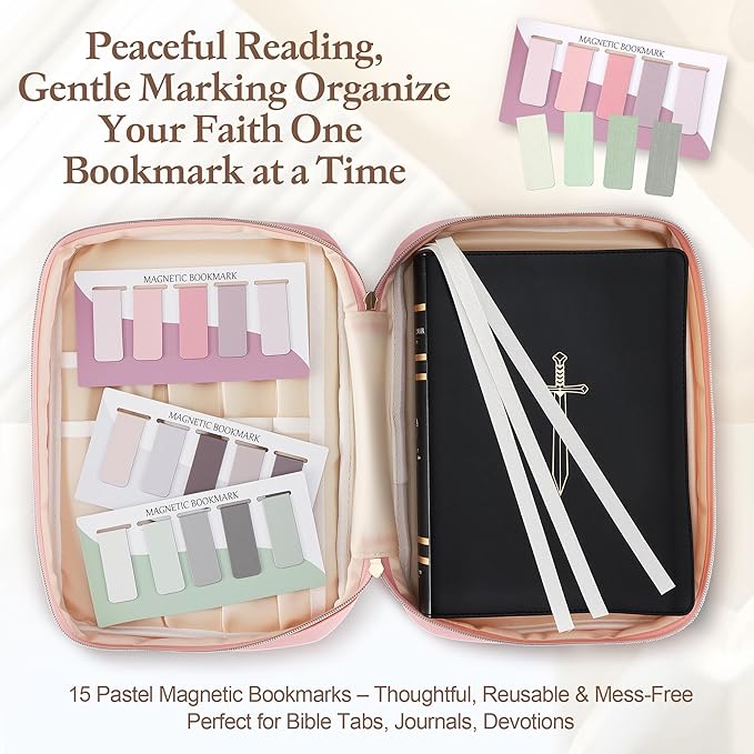 Durable and Protective Bible Cover Case for Women,Portable Bible Carrier Organizer Bag with Zipper,Christian Gift for Women,Includes 15 Magnetic Bookmarks,Great for Church,Travel or Daily Use, Pink