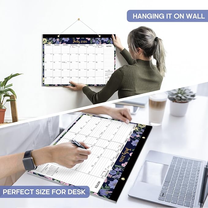 Desk Calendar 2026-2027, 18-Month Calendar Runs from July 2026 to December 2027, Large 17" x 12" Monthly Desktop & Wall Calendar for Home & Office - Midnight Garden
