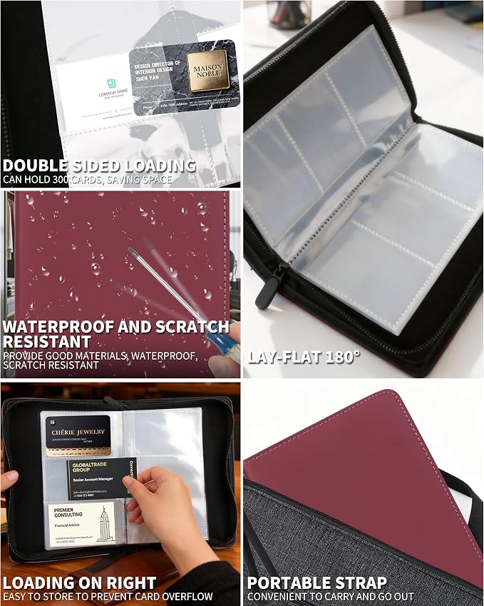 Leather Business Card Book Holder Organizer, Professional Name Card Book Holder with 300 Card Capacity, Portable PU Credit Card Wallet File Sleeve Storage for Men Women,50 Pack Sleeves (Wine Red)