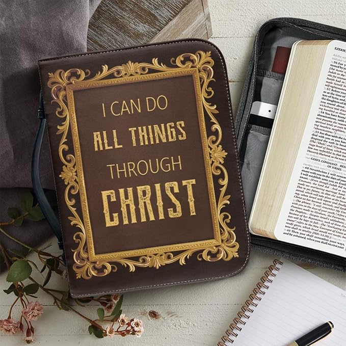 Retro Religious Style Cross Bible Case with Bookmark Waterproof Bible Cover Case for Women Lightweight Bible Bag with Handle Pockets Church Book Bag Brown