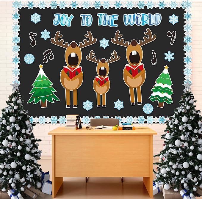 Fuutreo 62 Pcs Christmas Bulletin Board Decoration Christmas Reindeer Music Classroom Bulletin Board Sets Joy to The World Snowflakes Paper Cutouts for Xmas Party Supplies School Winter Holiday Decor