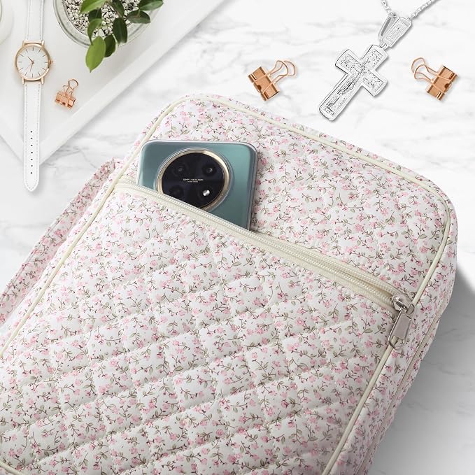 WOBAGMEN Bible Cover Case for Women,Large Bible Tote Bags Organizer Quilted Carrying Case for Girls,Bible Study Supplies Accessories Christian Gifts for Women (Pink Floral, M)