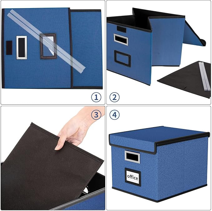 File Organizer Box with Lid, Collapsible File Folder Organizer for Office Document Storage, Filing Box with Plastic Slide for Letter Size Hanging File Folders(1 Pack, Royal Blue)