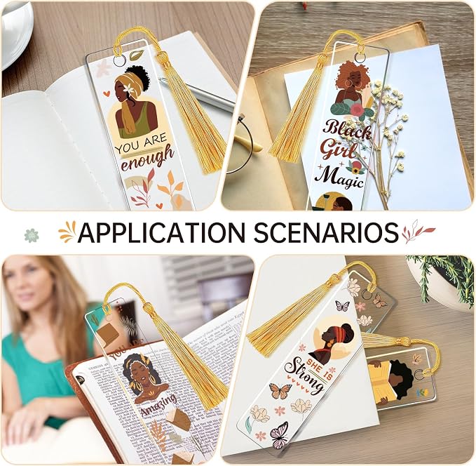 AFRITEE UV DTF Bookmark Wraps - 24 Pcs Black Girl Inspirational Quotes Acrylic Bookmark Sticker, Floral Butterflies Cold Transfer Stickers for Bookmarks Uvdtf Decals Decoration Gifts for Book Lovers
