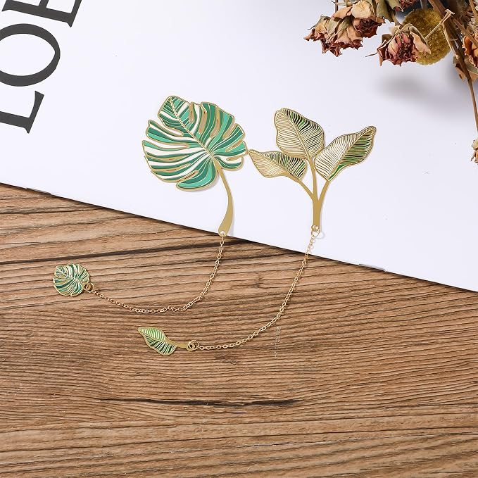 4pcs Metal Bookmarks with Chain Lotus Leaf Bookmark Birthday Gifts Teacher Christmas Gifts Unique Plant Gifts Literary Accessory Appreciation Stuffers for Women Grils Readers Writers Book Lovers