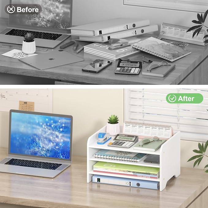 Desk File Organizer 4-Tier Desktop Paper Mail Organizer Document Holder for Home Office Supplies, Office Desk Accessories & Workspace (White)