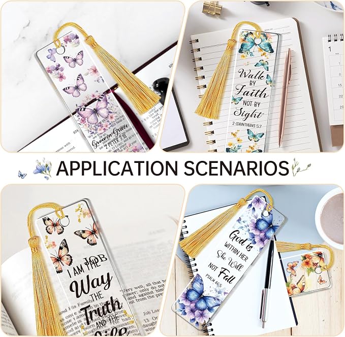 AFRITEE UV DTF Bookmark Wraps - 24 Pcs Bible Christian Inspirational Quotes Acrylic Bookmark Stickers, Floral Butterfly Cold Transfer Sticker for Bookmarks Uvdtf Decals Wrap Decor Gift for Book Lovers