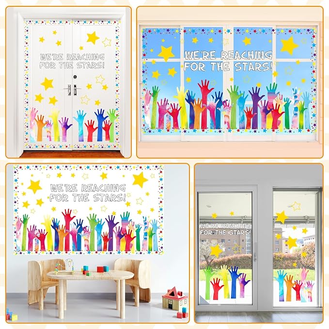 Reach for The Stars Bulletin Board Set Welcome Back to School Bulletin Board Colorful Stars Hands Cutouts for Inspirational Motivational Classroom Decoration Educational Learning Activities Supplies