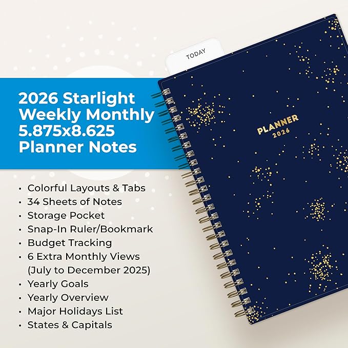 Blue Sky 2026 Weekly and Monthly Planner Calendar, January 2026 - December 2026, 5.875” x 8.625”, Flexible Cover, Storage Pocket, Ruler, Colorful Interior, Includes Extra 30 Sheets of Notes, Starlight