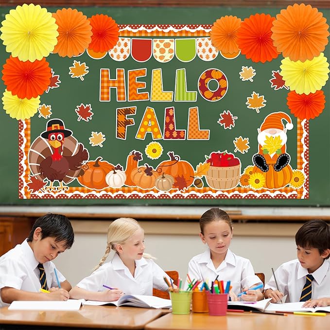 Hello Fall Bulletin Board Decorations Set with 3D Tissue Paper Flower Paper Fan DIY Fall Thanksgiving Classroom Bulletin Board Border Maple Leaves Pumpkins Cutouts for Library Home Chalkboard Supplies