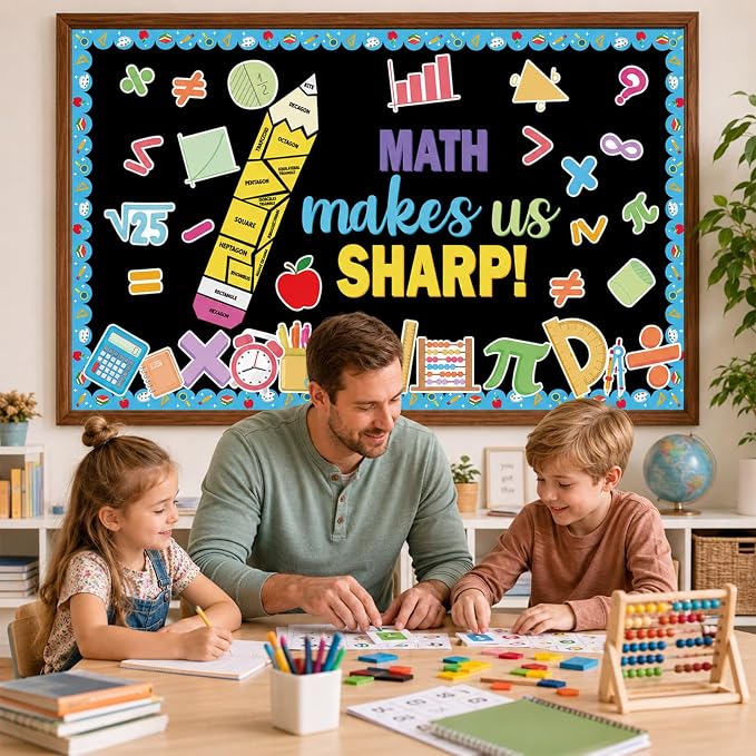 Math Bulletin Board Set Mathematics Back to School Classroom Decoration Math Makes Us Sharp Bulletin Board Pencil Shaped Paper Cutouts for School Office Chalkboard Wall Supplies Decor