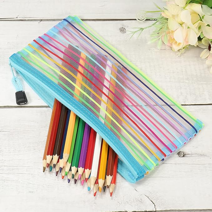 MECCANIXITY Mesh Zipper Pouches, B6 Colorful Pencil Case Document File Bags Storage Organizer for Office Supply Travel Accessory, Sky Blue Pack of 6