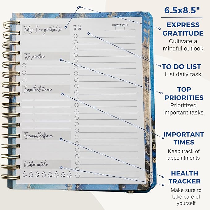 Paper 'n Such To Do Spiral Simplified Planner- Undated Daily Planner, Hardcover Notebook, College Essentials, Task Organizer Agenda Pad for Work, Notes and CheckList- Dark Blue