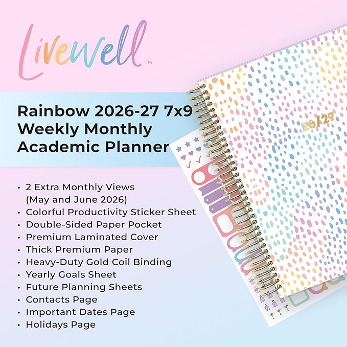 Blue Sky Livewell 2026-2027 Weekly and Monthly Academic Year Planner Calendar, July 2026 - June 2027, 7" x 9", Flexible Cover, Wirebound, Colorful Interior, Laminated Tabs, Storage Pocket, Includes Stickers, Rainbow