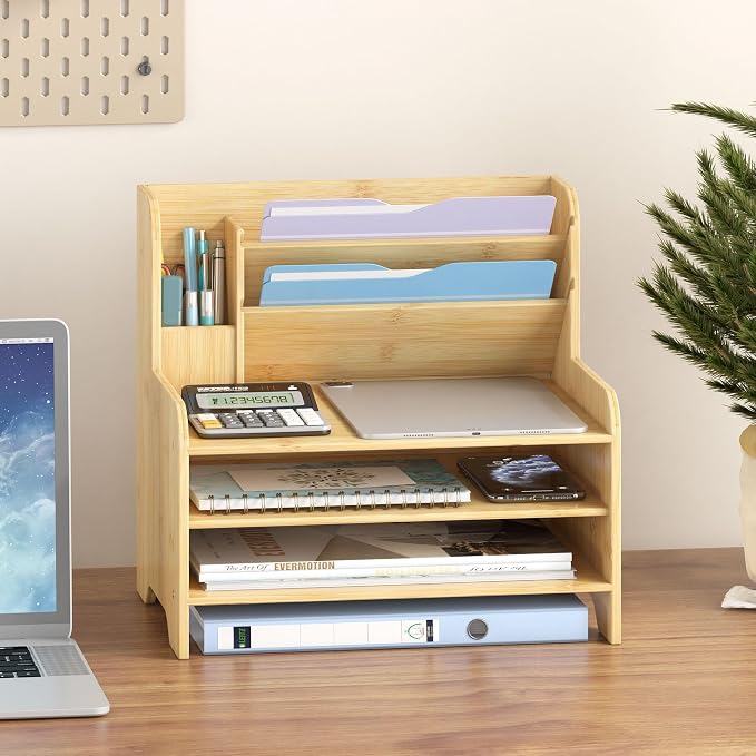 Desk File Organizer - 6-Tier Desktop Mail Letter Tray Paper Document Organizer with Pen Holder for Home Office Supplies, Office Desk Accessories & Workspace (Nature)