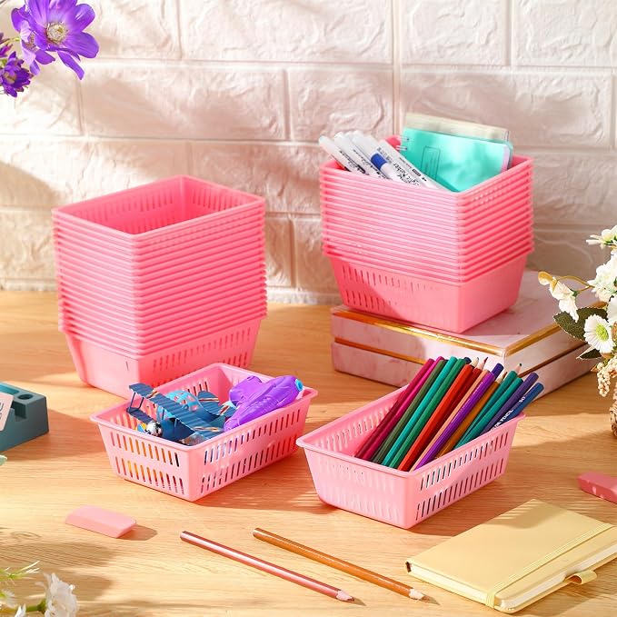 Sherr 36 Pack Classroom Storage Basket Small Plastic Basket for Organizing Crayon Pencil Container Storage Bin Tray Holder for Paper Shelf Back to School Office Supply 6.1" l x 4.3" w x 2.4" h(Pink)