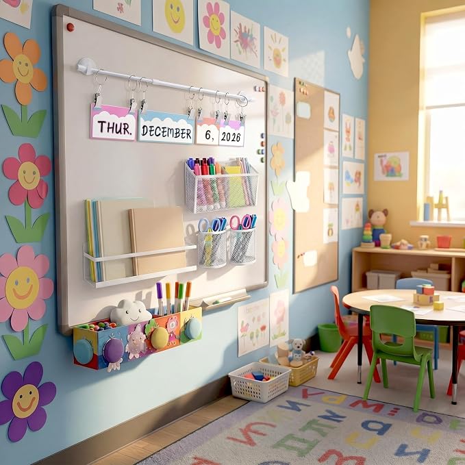 5 Pcs Classroom Whiteboard White Magnetic Organizer Set with 3 Magnetic Pen Holder Calendar Rod and Book File Shelf for Stationery Organizer Classroom Back to School Supplies