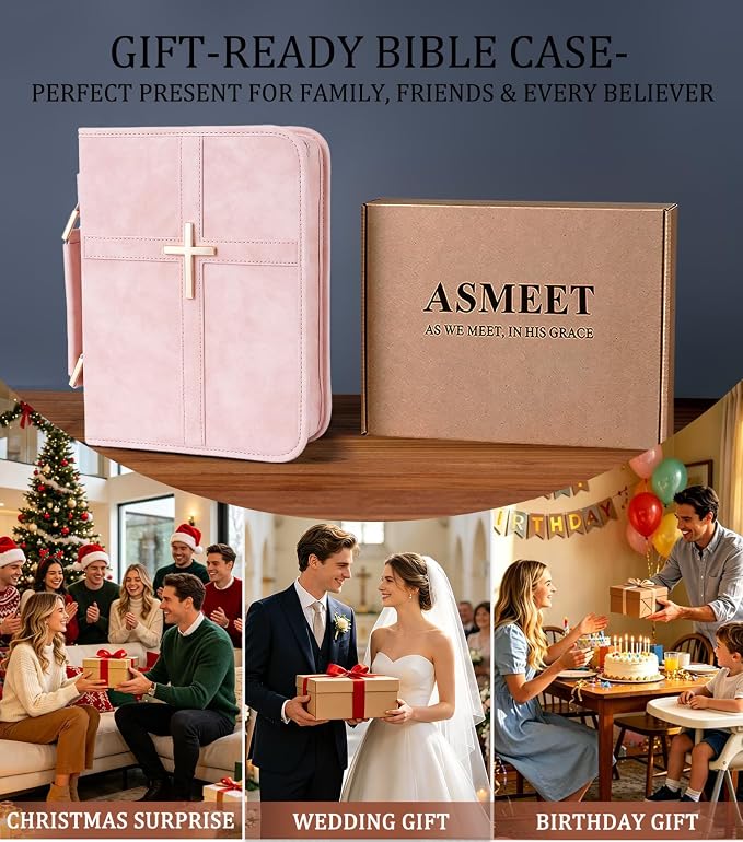Vegan Leather Bible Cover for Men & Women, Bible Case with Gift Box, Christian Catholic Religious Bible Gifts (Pink)