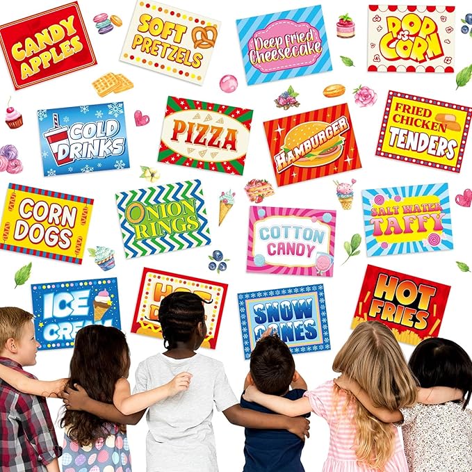 Yeaqee 16 Pieces Carnival Food Signs Cutouts for Classroom Carnival Party Bulletin Board Decor Food Truck Signs Corn Dogs Snow Cones Cotton Candy