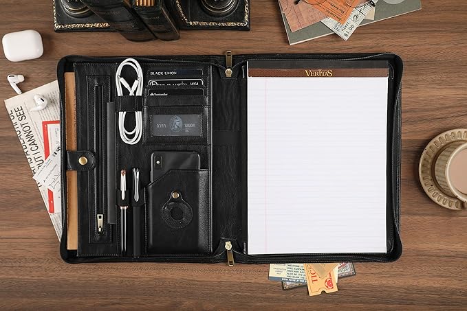 Leather Portfolio for 13 inch iPad Pro M4 (2024), Business Tablet Portfolio for Men, Personalized Padfolio, Engraved Portfolio Folder for A4 Notepad (Oil Black, Custom)