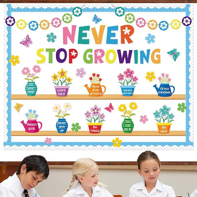 71PCS Never Stop Growing Bulletin Board Spring Bulletin Board Decorations Set Positive Flower Butterfly Paper Cutouts for Teacher Back to School Classroom Chalkboard Wall Decor Supplies