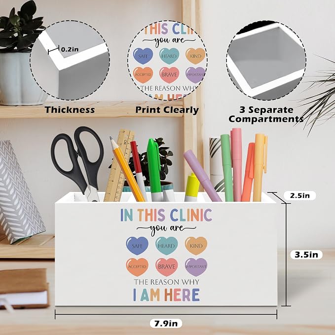 Mental Health Pen Holder, Therapy Office Pen Pencil Holder Organizer for Desk Accessories, in This Clinic You Are Safe Wooden Box Desk Decor for School Nurse Therapy Office Desk Decorations