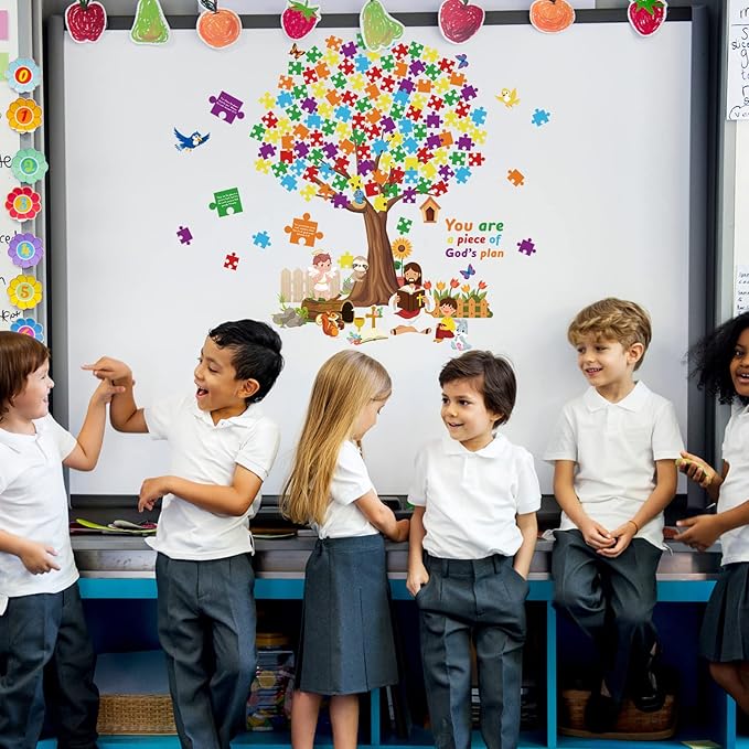 BBTO 155 Pieces of Christian Tree Bulletin Board Set The Gods Plan to Decorate Children's Sunday School, Religious Bible, Scripture Classroom, Cut Decoration, Blackboard Supplies (Puzzle Style)
