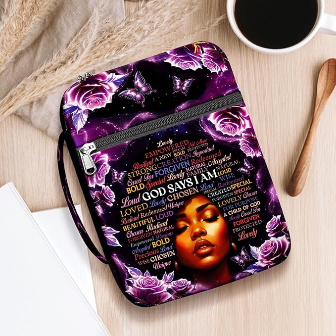 God Says I Am Bible Cover for Women, African American Design Bible Case with Handle and Zipper Pocket, Inspirational Scripture Canvas Bag for Church, Bible Study, Spiritual Christian Gift