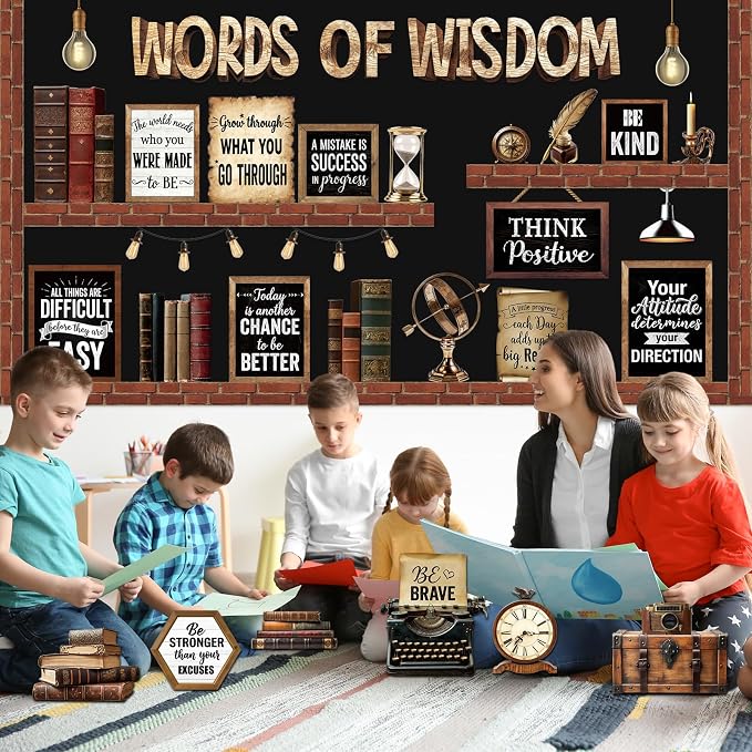 Mooliwe 57 Pcs Industrial Chic Bulletin Board Set Inspirational Rustic Classroom Decoration Farmhouse Bulb Typewriter Brick Cutout for School Office Chalkboard Door Wall Decor
