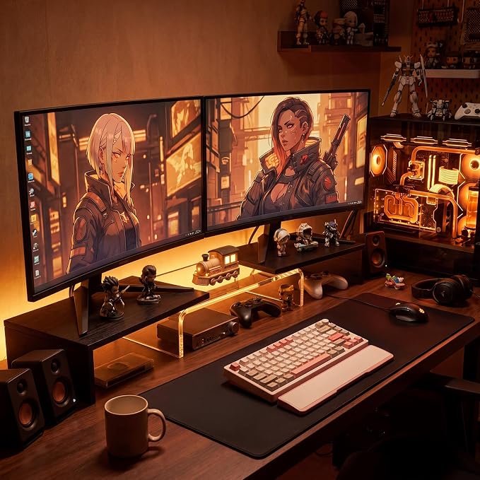 Dual Monitor Riser, Acrylic Monitor Riser, Adjustable Angle & Length Computer Monitor Stand, Wide Desk Shelf for Top of Desk for Home Office_Black Maple Look Small