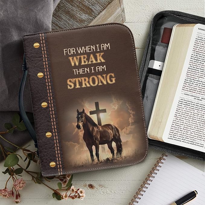 Leather Print Bible Cover for Women Men - PU Bible Case for Girls, Bible Study Supplies for Home, Office, Travel,Horse and Cross,Medium