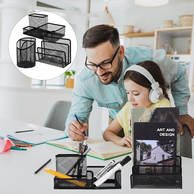 3Pcs Mesh Desk Organizer Pen Holder Set with Multi-Compartment Storage, Black Metal Office Supply Organizers for Student and Office Desk Use