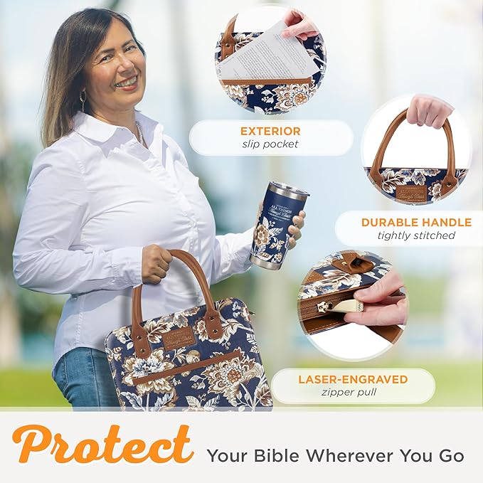 Christian Art Gifts Fashion Vegan Leather Purse Style Bible Cover Case for Women: All Things Through Christ Gold Inspirational Scripture, Pen Loops, Two Handles, Pockets, Navy & Brown Floral, XL