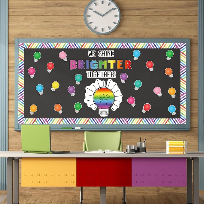 FYSUIMU 64Pcs Back to School Bulletin Board Kit Colorful Light Bulb We Shine Bright Together Paper Cutouts with 60Pcs Glue Points for First Day of School Party Classroom Wall Decor