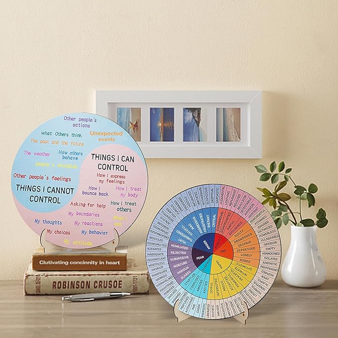 Feelings Wheel Therapy Office Decor, 5.8 Inches Diameter Double Sided Mental Health Decor Emotion Wheel with Stand, Wooden Coping Wheel Chart Gifts for School, Therapy Office, 2025 Upgrade