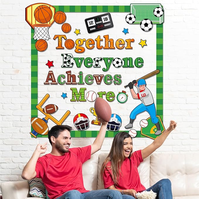 Sport Team Spirit Bulletin Board Decoration Set Football Basketball Bulletin Board Together Everyone Achieves More Paper Cutouts Motivational Wall Decor for School Classroom Back to School Decoration