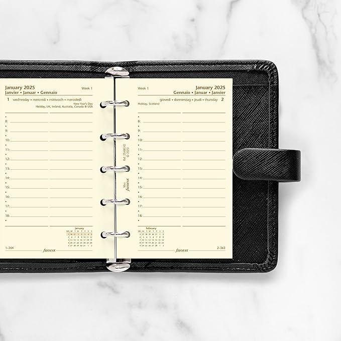 Filofax Calendar Diary Refill, Mini Size, Day on One Page with Appointments, Ruled, Cotton Cream Paper, Multilingual: Four Languages, 2025 (C68142-25)