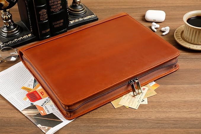 Leather Portfolio for 13-in iPad Pro M4/M5 & 13-in iPad Air M2/M3, Leather Padtfolio with ipad Holder for Letter Size Notepad, Personalized Padfolio for Men - Brown