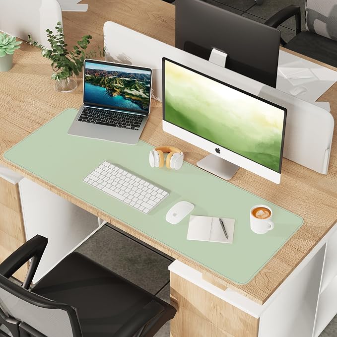 AFIING Leather Desk Pad Protector, Large Desk Mat with Natural Cork & PU Leather, Mouse Pad, Non-Slip, Waterproof Desk Writing Pad for Office and Home, Light Green
